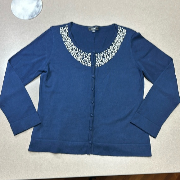 Elements Navy blue cardigan sweater with a Faux Pearl Beaded neckline size L - Picture 1 of 6